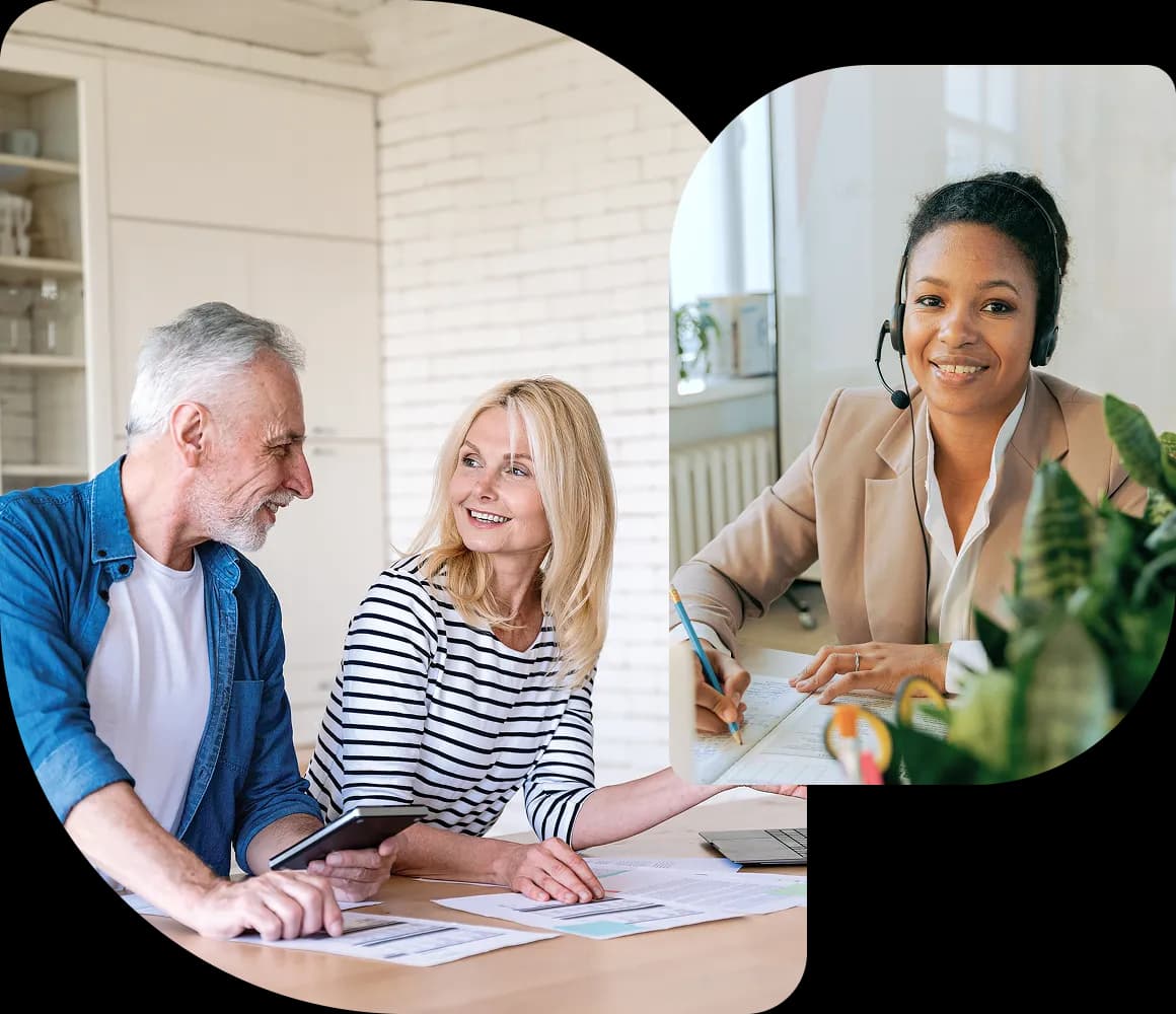 A couple reviewing Medicare paperwork while a smiling advisor wearing a headset takes notes